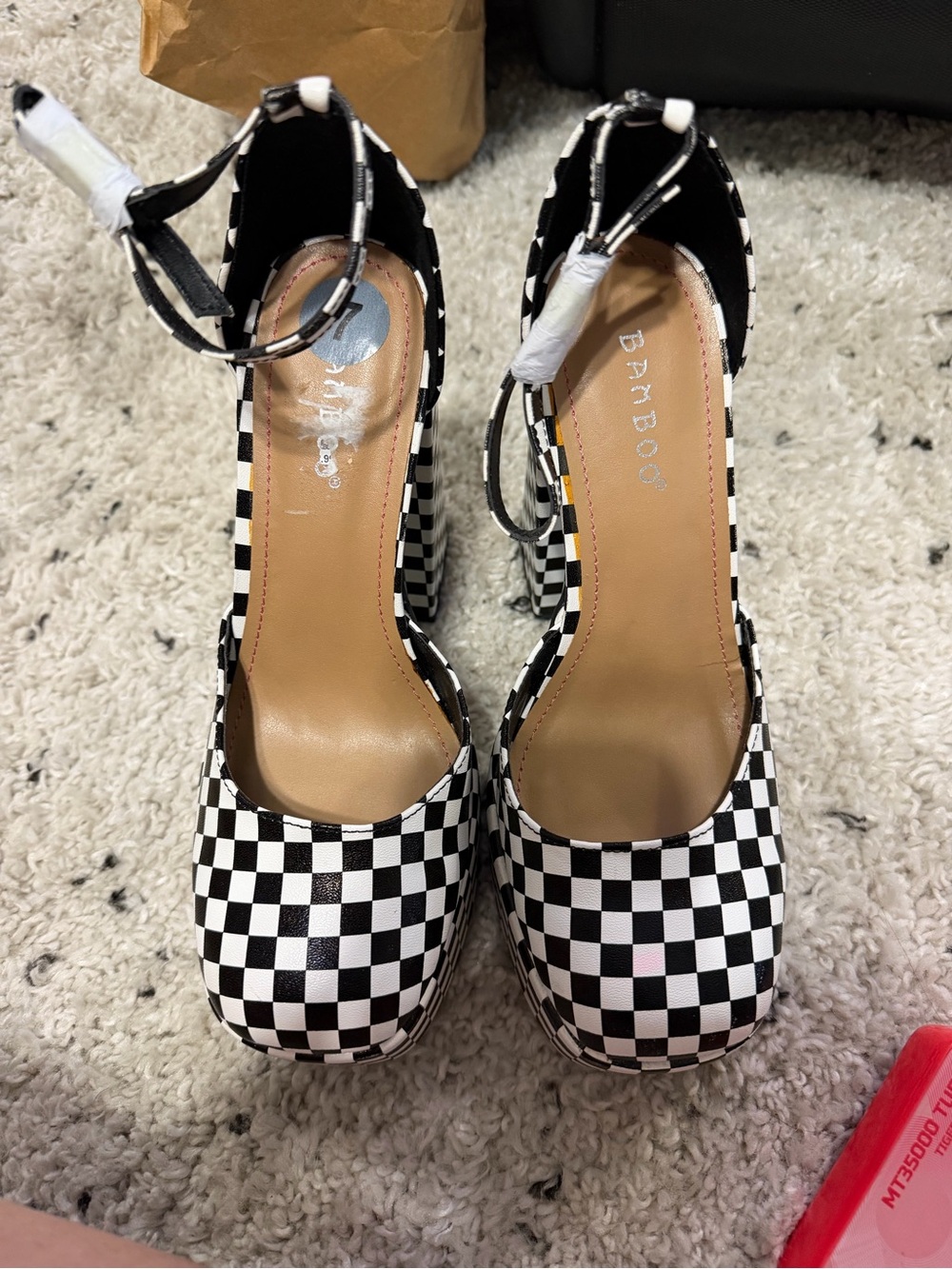 Bamboo Black and White Checkered Platform Ankle-Strap Heels